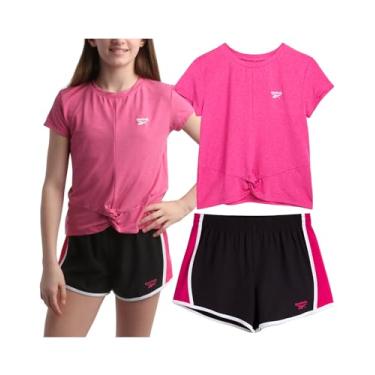 Imagem de Reebok Conjunto de shorts para meninas – Camiseta de manga curta com shorts de ginástica de tecido macio – Conjunto casual Athleisure para meninas (7-12), Rosa laser neon, 7