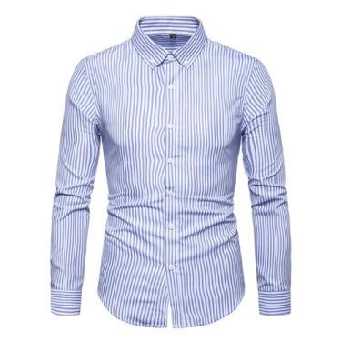 Imagem de Camisa masculina casual slim fit listrada leve camisa de manga comprida com botões, Azul claro, 4G