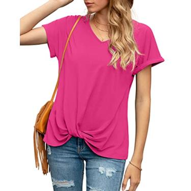 Imagem de Iandroiy Blusas femininas confortáveis casuais de verão manga curta gola V camisetas camisetas com nó torcido, A 24, rosa vermelho, GG
