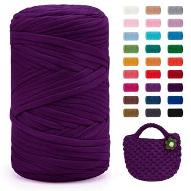 Imagem de JeogYong Fio de camiseta, 400 g/130 jardas de tecido super macio de crochê, fio grosso de tricô à mão para sacos/cestas/tapetes, decoração de casa, artesanato DIY (violeta)