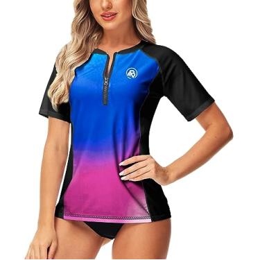 Imagem de AOBUTE Camiseta feminina de surfe Rash Guard FPS 50+ gradiente manga curta natação top surf, Azul, roxo, 3G