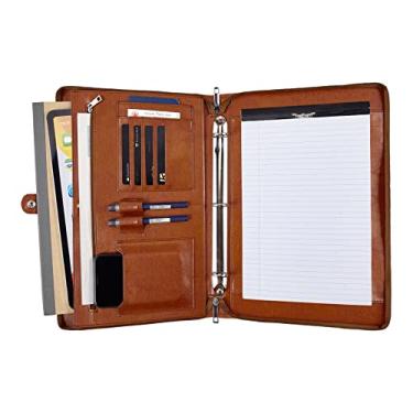 Imagem de Fichário de couro vegano, pasta de fichário de 3 anéis, portfólio de fichário de couro marrom com zíper, organizador de portfólio feito à mão, pasta de portfólio personalizada para canhotos e direitos