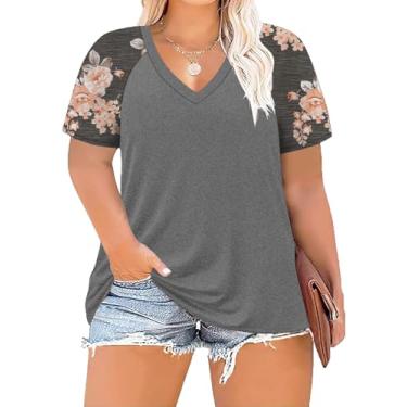 Imagem de ForHailey Camisetas femininas com gola V e manga curta patchwork, Cinza escuro, XXG Plus Size