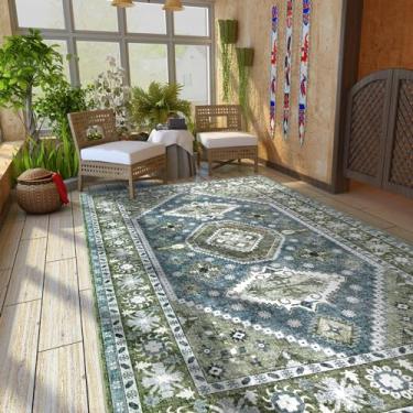 Imagem de Rofee Living Tapete lavável grande verde 24 x 30 cm Boho Vintage Persa envelhecido microfibra macia para sala de estar quarto