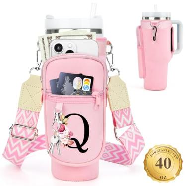 Imagem de LOKASS Suporte de garrafa de água personalizado com alça para acessórios Stanley Cup Tumbler de 1,134 g, bolsa de transporte inicial para garrafa de água com bolso para telefone, para mulheres, ideal