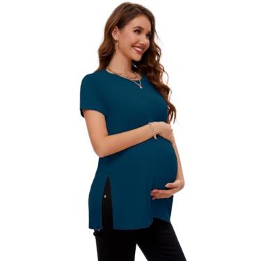 Imagem de Smallshow Camisa feminina de maternidade com abertura lateral, manga curta, roupas para gravidez, Azul-petróleo, P