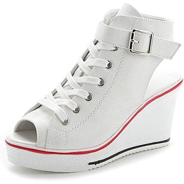 Imagem de ALLINNINE Tênis feminino de salto alto moderno de lona cano alto com cadarço borda cunha zíper inclinado sapatos tamanho 4-11, Peep-toe branco, 34
