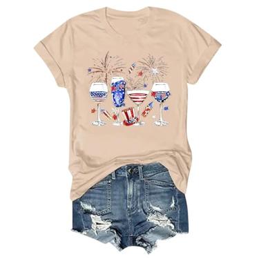 Imagem de Camisetas patrióticas femininas 4 de julho 2024 manga curta gola redonda bandeira dos EUA túnicas gráficas engraçadas taça de vinho, Z12 - bege, M