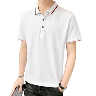 Imagem de Polos masculinos com gola listrada, camisa esportiva de cor sólida, estiramento leve, secagem rápida, ajuste regular, moda esportiva(Color:White,Size:M)