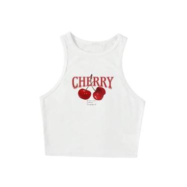 Imagem de GORGLITTER Camiseta regata feminina com estampa de cereja costas nadador verão gola redonda sem mangas streetwear, Branco, G