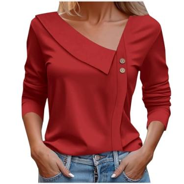 Imagem de Blusa feminina de outono 2024 fashion gola V manga longa blusa de botão casual elegante pulôver, Vermelho melancia, G