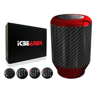 Imagem de ICBEAMER Botão de câmbio de alumínio vermelho com fibra de carbono de 6,35 cm, ajuste alto automático e veículos de transmissão manual de 4, 5 e 6 velocidades, alavanca de câmbio de engrenagem do carro interior peças de reposição automotivas