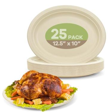 Imagem de FEHHTO Pratos de papel ovais compostáveis, pacote com 25 unidades, pratos descartáveis de bagaço resistentes e ecológicos, pratos biodegradáveis de cana de açúcar para churrasco, festa, piquenique -