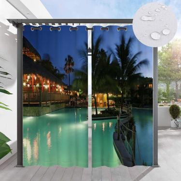 Imagem de Cortinas externas impressas à prova d'água, cortinas externas para pérgula com ilhó, padrão de paisagem florestal, cortinas blackout com isolamento térmico para gazebo, 2 painéis,#K,W84"xH96