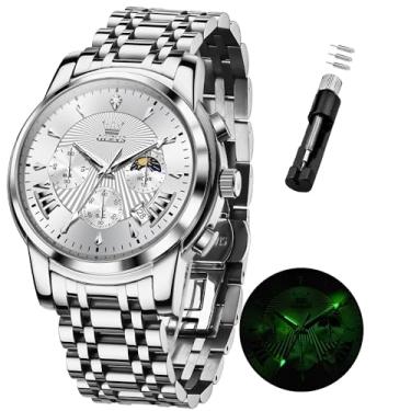 Imagem de OLEVS Relógios masculinos analógicos de quartzo de aço inoxidável, à prova d'água, luminosos, negócios, casual, masculino, relógios prateados com mostrador branco, relógio social