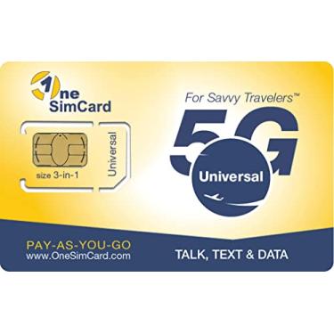 Imagem de OneSimCard cartão SIM universal 3 em um para uso em mais de 200 países com crédito de US$ 5 – Voz, texto e dados móveis tão baixo quanto US$ 0,01 por MB. Compatível com todos os telefones GSM desbloqueados. 4G em 50+ Países.