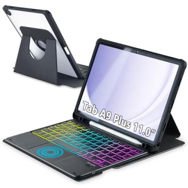 Imagem de MePadKey Capa com teclado touchpad para Samsung Galaxy Tab A9 Plus 11 polegadas SM-X210/X215/X216, capa giratória de 360 graus com luz de fundo colorida, teclado magnético removível para tablet A9+