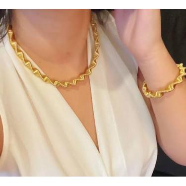 Imagem de Kit Conjunto Colar Choker + Pulseira Torcido Mola Elos Andulado Folhea