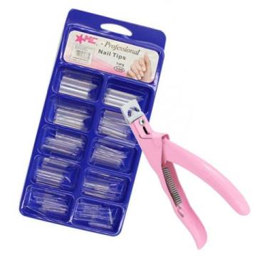 Imagem de Kit 100 tips curvatura c transparente m&c e alicate - Mix da Jo