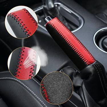 Imagem de SUNBREATH Capa protetora de freio de mão costurada à mão em couro genuíno preto e vermelho acessórios interiores decoração da capa para Ford Mustang 2015 2016 2017 2018 2019 2020 2021 Pontos vermelhos