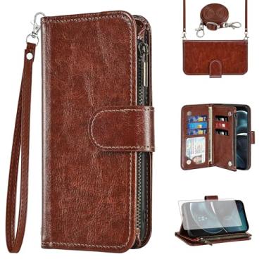 Imagem de Asuwish Capa para celular Motorola Moto G14 carteira com protetor de tela de vidro temperado alça transversal de couro flip zíper suporte para cartão de crédito suporte MotoG14 mulheres meninas homens