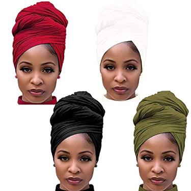 Imagem de Lenço de cabeça de turbante de malha elástica para cabelo urbano, cor sólida, ultramacio, extralongo, respirável para mulheres (preto, branco, vermelho, verde-militar)