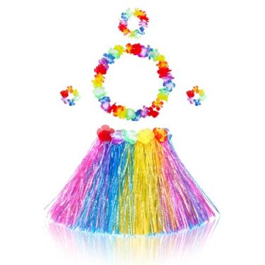 Imagem de Fortuning's JDS Conjunto de fantasia infantil com saia havaiana Hula Grass combinando com flores elásticas para festa na praia tropical Luau, Azul, amarelo, rosa, 40cm