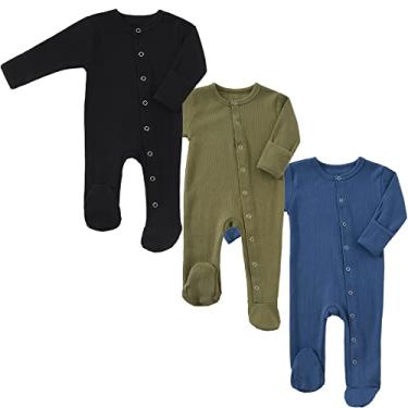 Imagem de KISBINI Pijama com pés de bebê com punhos de luva unissex de algodão snap-up macacão para dormir e brincar de 0 a 12 meses, preto, verde e azul, 0-3 Meses