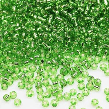 Imagem de Bala&Fillic Grânulos de semente de 3 mm com forro de prata verde, cerca de 3600 peças/100 gramas no saco, 8/0 contas de vidro para artesanato para fazer pulseira e colar (verde forrado com prata)