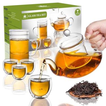 Imagem de Conjuntos de chá de vidro 2 em 1 para adultos - Inclui bule de vidro e caneca com infusor, base mais quente, 4 xícaras de chá de vidro de parede dupla - para chá pessoal e para reuniões, presentes