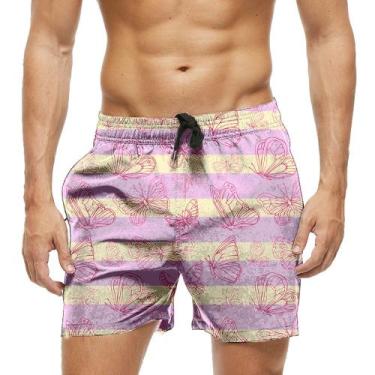 Imagem de Short Praia Shorts Banho Bermuda Verão Borboletas Pink Listras 1583 - 