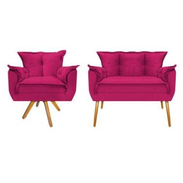 Imagem de Kit Namoradeira e Poltrona Opala Base Giratória de Madeira Suede Pink 