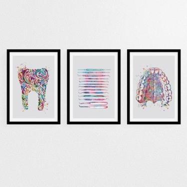 Imagem de Quadro Decorativo Dentista Dente Colorido Aquarela Kit 3 peças Grande 