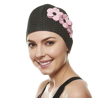 Imagem de Touca de natação de látex - Touca de natação feminina elegante ótima para mulheres, perfeita para manter o cabelo seco - adequada para cabelos longos - crepe bolha com flores pretas e rosa
