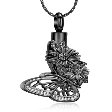 Imagem de constantlife Colar de urna de borboleta de girassol para cinzas, joia de cremação, pingente de lembrança, perda, amado, presente em memória para mulheres, Aço inoxidável, aço inoxidável