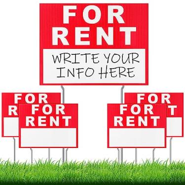 Imagem de Ripeng Placa para alugar 4 peças de 43 x 33 cm com suporte, plástico ondulado de dupla face, vermelho e branco para alugar com 8 peças de suportes de ferro de altura para uso ao ar livre, casa,