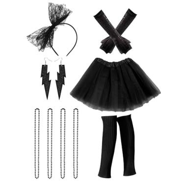 Imagem de Tatuo Acessórios de Halloween dos anos 80 para mulheres, polainas de cabeça, saia tutu, luvas, brincos, colar para festa, Preto, P