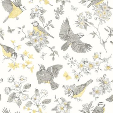 Imagem de VEELIKE Papel de parede floral vintage cinza amarelo para quarto, casa de fazenda, banheiro, 40 x 900 cm, papel de parede adesivo chinoiserie papel de parede removível de contato de pássaros para