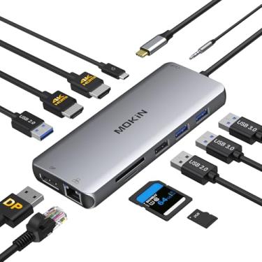 Imagem de Estação de ancoragem USB C com 3 monitores, hub USB C com 2 HDMI, DisplayPort, 100W PD, 4 USB, Gigabit Ethernet, leitor de cartão SD/TF, porta de áudio, adaptador multiportas para laptops, HP, Dell,