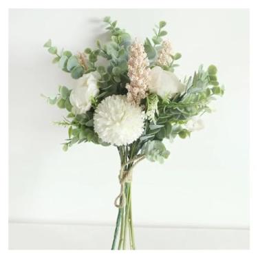 Imagem de Decoração de primavera - Buquê de casamento flor sintética de seda artificial buquê de dama de honra branco roxo pompom folha de eucalipto suprimentos de casamento, plantas artificiais artificiais