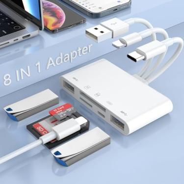 Imagem de Leitor de cartão de memória 8 em 1, leitor de cartão SD para iPhone, iluminação/USB/USB C para cartão SD/TF, adaptador USB OTG, câmera de trilha, visualizador de cartão SD com carregamento para iPhone/iPad/MacBook/Samsung/PC Plug and Play
