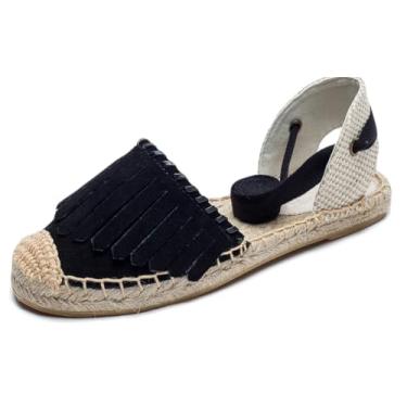Imagem de U-lite Sandália feminina espadrille rasteira fechada no tornozelo, cadarço clássico verão elegante sapatos rasos, Camurça preta, 34