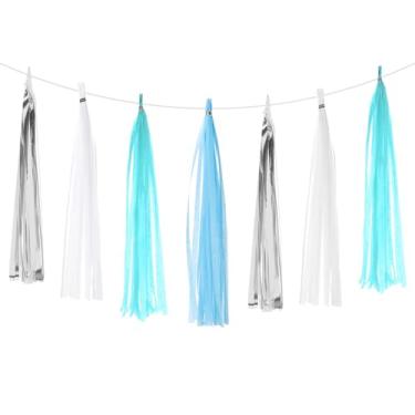 Imagem de PATIKIL Faixa de guirlanda de borla, 20 peças de papel de seda, borlas, decoração de festa, kits de bricolage para chá de panela de casamento, aniversário, branco/azul celeste/azul claro/cinza/prata