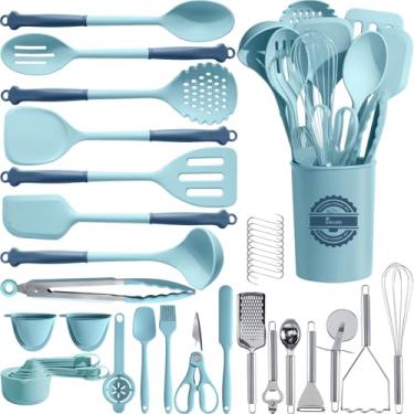 Imagem de Kikcoin Conjunto de 43 utensílios de cozinha – conjunto de utensílios de cozinha de silicone, conjunto de espátula para lava-louças para panelas antiaderentes, conjunto de utensílios de cozinha