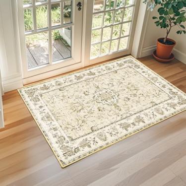 Imagem de KIRFEIHT Boho 2x3 Vintage Tapete de área pequena lavável à máquina antiderrapante tapete de cozinha com suporte de borracha macio pilha baixa sem derramamento de lã sintética tapete amarelo para