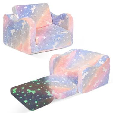 Imagem de ONEKUKA Sofá infantil 2 em 1 dobrável sofá-cama conversível infantil que brilha no escuro design de unicórnio cadeira de dormir aberta para meninas sala de jogos quarto presente