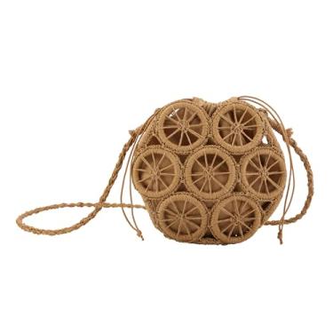 Imagem de UIBRN Bolsas de palha redondas transversais para mulheres, bolsa de ombro tecida à mão de limão vazada com cordão, bolsas de praia modernas, Marrom camelo