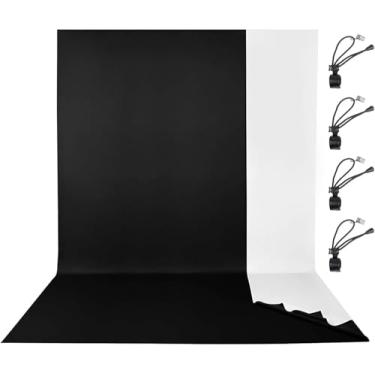 Imagem de EMART Cortina de fundo de foto 2 em 1 preto e branco, pano de tecido de fundo preto e branco de 1,8 x 2,7 m, pacote de colírio para sessão de fotos de aniversário