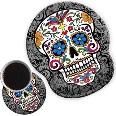 Imagem de Mousepad ergonômico com suporte de pulso, mouse pads antiderrapantes com suporte de pulso acolchoado de gel, mouse pads confortáveis e duráveis para uso em casa, escritório, alívio da dor e porta-copos fofos, crânio de açúcar