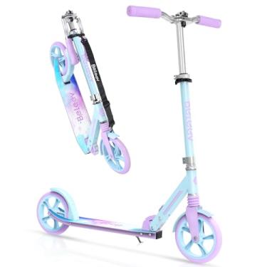 Imagem de BELEEV Scooters V5 para crianças a partir de 6 anos, scooter dobrável, 2 rodas para adultos e adolescentes, 4 guidões ajustáveis, rodas grandes de 230 mm, scooter esportiva leve, até 100 libras (azul